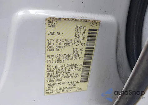 2015 Nissan Frontier Pro-4X/S/Sl/Sv from USA, damaged, VIN 1N6AD0EV2FN744950